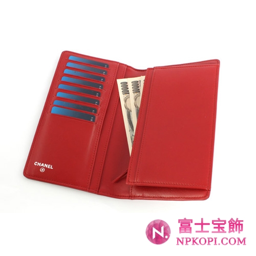 シャネル カメリア ラムスキン 長財布 ルージュレッド＆シルバー A36544